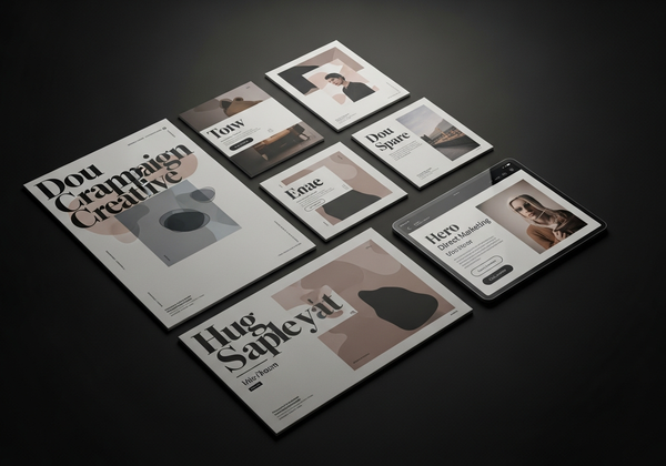 Spread of design deliverables — posters, social graphics, tablet mockup