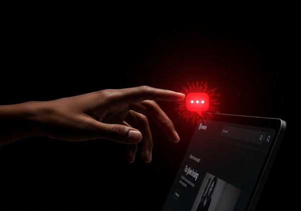 Hand touching glowing chat widget on website
